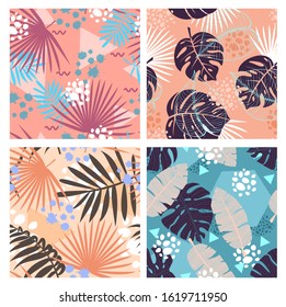Jungle leaves flat vector seamless patterns set. Creative memphis style tropical foliage texture. Abstract colorful rainforest flora decorative background. Vintage wallpaper, floral textile design.