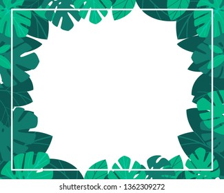 Jungle leaves frame on the white background. Summer botanical green design. Vector illustration, flat cartoon style