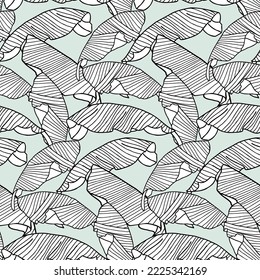 Jungle leaves hand drawn seamless pattern with line art tropical palm leaf