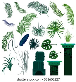 Jungle leaves and old ruin columns isolated objects. Rainforest vector plants and green palms.