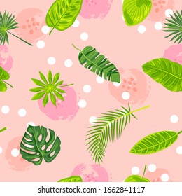 Jungle leaves on pink background seamless pattern. Vector illustration.