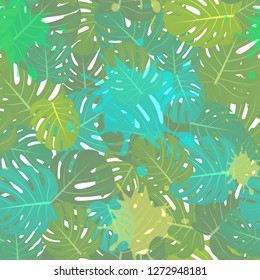Jungle Leaves on a white background. Seamless vector Floral pattern background with varicoloured paint spots. Tropical leaves. - Vector.