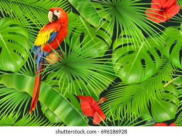 Jungle leaves and parrot, seamless pattern. 3d vector realistic background