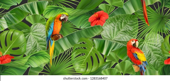 Jungle leaves and parrots, seamless pattern. 3d vector realistic background