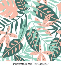 Jungle leaves pattern. Large tropical leaves seamless pattern. Green and pink jungle plants wallpaper. Nature summer background. Jungle vector illustration. Hand drawn texture. Botany print.