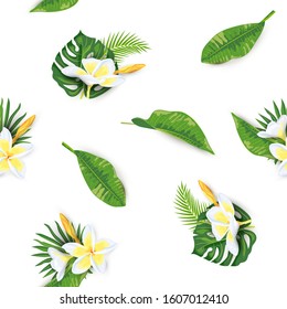 Jungle leaves, tropical flower Frangipani seamless pattern. Vector illustration.