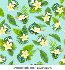 Jungle leaves, tropical flower Frangipani seamless pattern. Vector illustration.