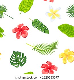 Jungle leaves and tropical flowers seamless pattern. Vector illustration.