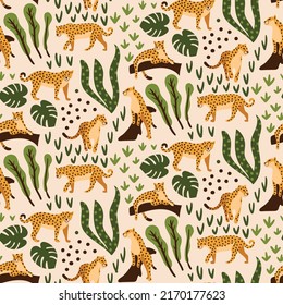 Jungle Leopard gepard Puma Jaguar Tier mit Dschungelblättern Monstera auf beigem Hintergrund
