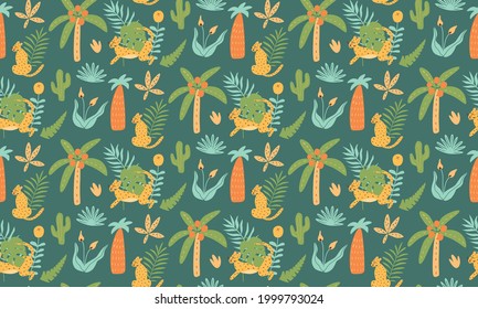 Jungle leopard pattern Seamless tropical jungle prints animals with exotic leaves, palm trees, jaguar. African childish animals background, Rainforest textile design. Green vector illustration.
