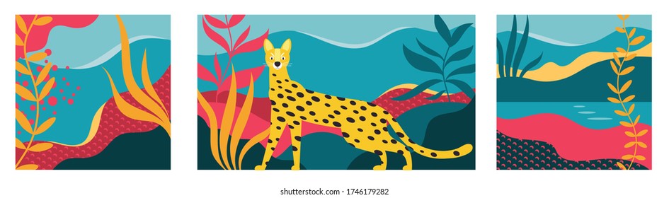 Jungle Leopard vector illustration. Abstract wavy shapes, tropic leaves, abstract landscape