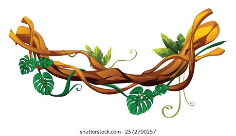 Jungle liana branches with monstera leaves and curling tendrils. Vector cartoon illustration