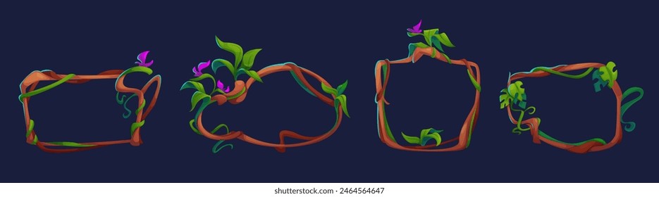 Jungle liana creeping branch frames. Cartoon vector illustration set of borders from climbing tropical tree with green leaves and flowers. Boundary box made of twisted plant stem, greenery and blossom