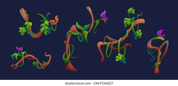 Jungle liana creeping branch with green leaves and flowers. Cartoon vector illustration set of hanging climbing tropical tree with greenery. Twisted plant stem creeper with foliage and blossom.