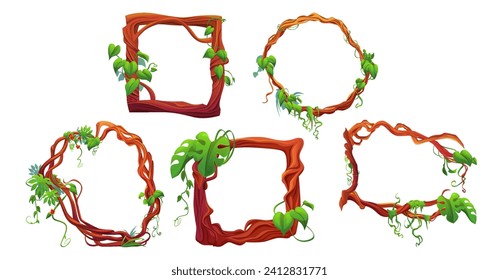 Jungle liana creeping vines with leaves and flowers formed in rectangle and circle frames for game ui design. Cartoon vector set of borders made of rainforest plant branches with tropical greenery.