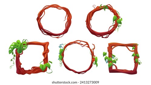 Jungle liana creeping vines with leaves and flowers formed in rectangle and circle frames for game ui design. Cartoon vector set of borders made of rainforest plant branches with tropical greenery.