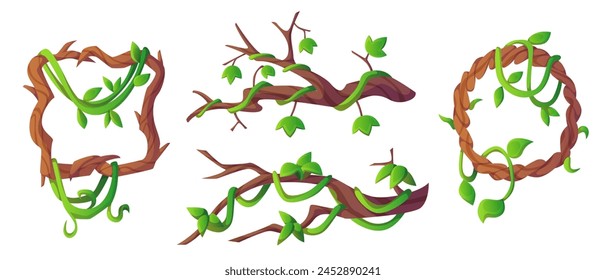 Jungle liana frames and branches set isolated on white background. Vector cartoon illustration of square and round borders, wood decorated with green vine and foliage, tropical rainforest plant