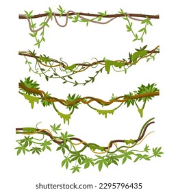 Jungle liana plants. Cartoon tropical climbing creepers branches with moss. Rainforest liana vines flat vector illustrations set