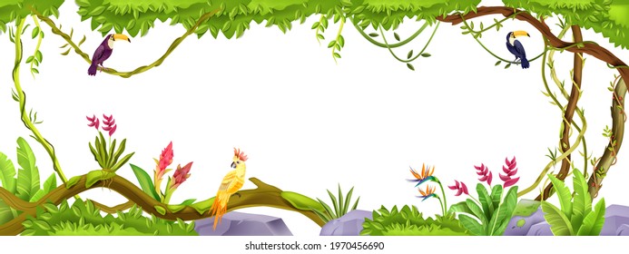 Jungle liana vector frame, tropical vine, tree illustration isolated on white, parrot, toucan, stone, bushes. Exotic game environment background, paradise flowers, vegetation. Rainforest jungle frame