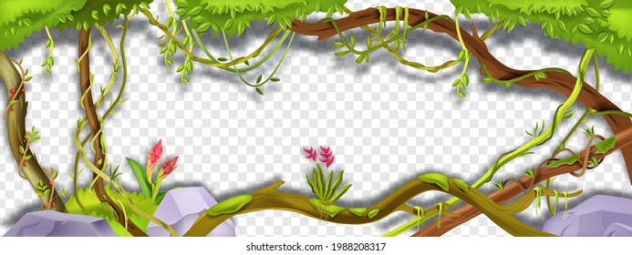 Jungle liana vector green frame, tropical vine branch illustration on transparent background. Paradise plant, green vegetation, exotic flower, stone, moss, tree trunk. Amazon rainforest liana frame