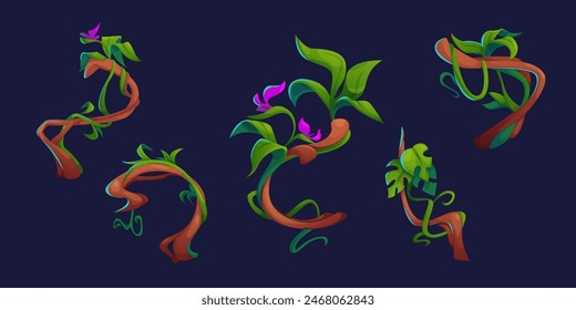 Jungle liana vine branch. Forest climbing vector. Isolated tropical creeper wood trunk with flower botanical decoration. Exotic twisted rainforest border asset collection. Foliage garden element