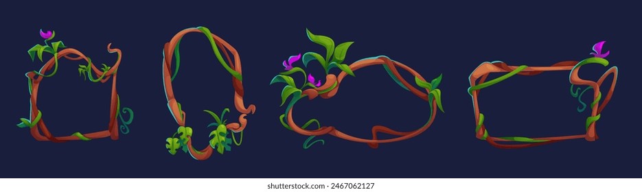 Marco de liana de la selva. Rama de planta de bosque tropical. Selva tropical silvestre colgante aislada retorcida trepando hojas. Borde redondo decorativo botánico exótico. Arte raíz de follaje verde para el menú de dibujos animados