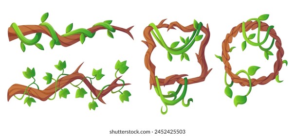 Jungle liana vine - long branches and circle and square frame with green creeping plant and leaves. Cartoon vector illustration set of game ui design borders made of tropical climbing plant.