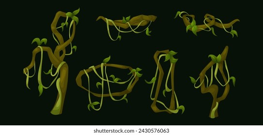 Jungle liana vines with green leaves. Cartoon vector illustration collection of rainforest tree creeping branches with foliage. Long ivy climbing plant stem and rope. Tropical hanging vegetation.