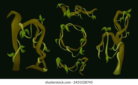 Jungle liana vines with green leaves. Cartoon vector illustration border of rainforest tree creeping branches with foliage. Long ivy climbing plant stem and rope. Tropical hanging vegetation frame.