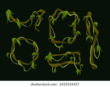 Jungle liana vines with green leaves. Cartoon vector illustration border of rainforest tree creeping branches with foliage. Long ivy climbing plant stem and rope. Tropical hanging vegetation frame.