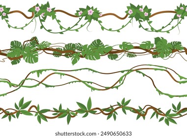 Fronteras de lianas selváticas. Ramas de dibujos animados y hojas tropicales. Follaje vegetal de selva. Enredaderas entrelazadas. Subgrupos rizados. Musgo del bosque de verano. Vid trepadora. hiedra Vector