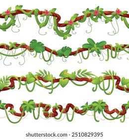 Fronteras de lianas de la selva. Ramas curvadas sin fisuras con hojas y flores tropicales, enredaderas exóticas, plantas trepadoras del verdor de la selva tropical, conjunto de Vectores botánicos aislados de estilo plano de dibujos animados