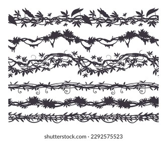 Jungle lianas silhouette. Tropical forest climbing creeper sprouts. Rainforest garden hanging liana vines elements vector illustration set