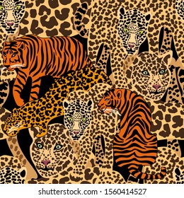 	
Jungle life.  Seamless vector animal print. Repeating design with leopards, tigers. Ethnic textile collection. Brown, golden, black.