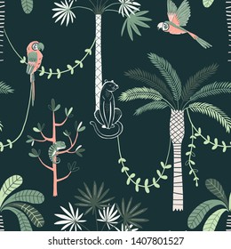 Jungle life vector color seamless pattern. Panther and parrot background. Rainforest, jungle fauna, flora. Tropical plants, palms, liana. Decorative botanical textile, wallpaper, wrapping paper design