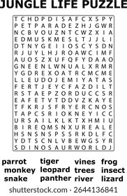 And Jungle Life Word Search Puzzle Animals Plants River Word Game vector