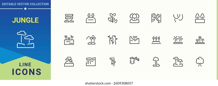 Jungle linear icon. Containing green, wild, foliage, botanical and more. Rainforests icon set. Minimalist icons pack. Vector illustration.