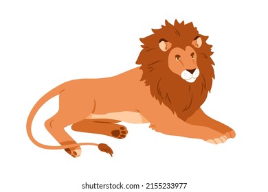 Jungle lion lying. Wild African feline animal relaxing. Male leo resting. Character with shaggy hairy head. Wildcat king. Flat vector illustration isolated on white background.