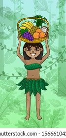 Jungle little girl hold fruit basket over her head in the arms on beautiful nature background