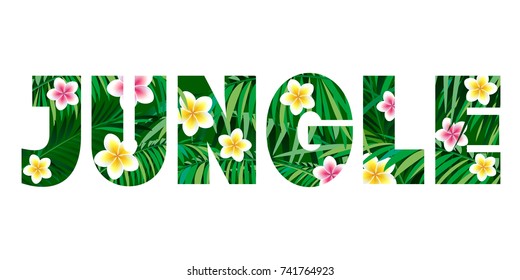 Jungle logo to print T-shirts. Palm leaves and exotic flowers on a black background.
