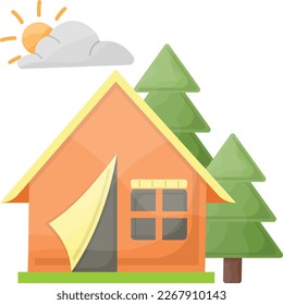 Jungle Luxury Family Cottage concept, Wooden Cabin vector color icon design, Camping and outdoor symbol, extreme sports equipment sign, Wildlife and Expedition elements stock illustration 