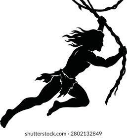 Jungle man swinging on vine, wild tribal male character silhouette, primitive loincloth warrior jumping in rainforest, adventure illustration