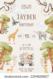 Jungle Modern Birthday Party Invitation Portrait: elephant, deer, monkey, giraffe, parrot and much more! 