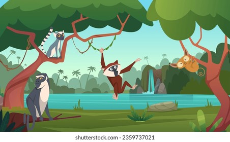 Jungle monkey. Cartoon colored background with wild animals exact vector jungle monkey