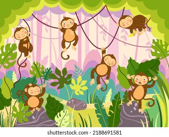 Jungle monkey. Funny ape hanging on lianas, wild monkeys in various poses on tropical tree and nature background vector illustration. Cheerful primate characters swinging and playing