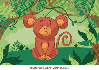 Mono de la selva en la palmera en el concepto de estilo plano del bosque de la selva. Vector Diseño gráfico elemento de ilustración