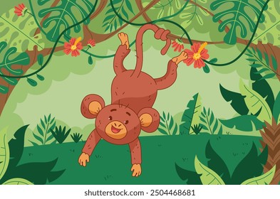 Jungle monkey on palm tree in jungle forest flat style concept. Vector graphic design illustration element