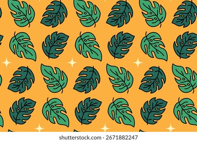 Jungle monstera leaf with light seamless pattern on yellow background for packaging and fashion. Botanical green leaves colorful doodle pattern background. Tropical foliage isolated motif wallpaper