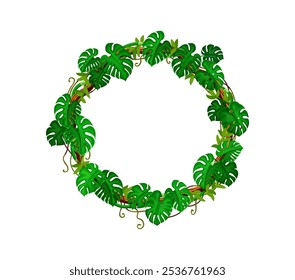 Jungle monstera leaves and liana round frame. Tropical forest nature vine shrub leaves isolated cartoon vector round frame, African rainforest flora creeper liana branch, ivy plant circle