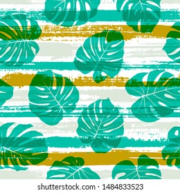 Jungle monstera philodendron liana hole leaves overlapping stripes vector seamless pattern. Polynesian forest foliage summer fashion print. Floral tropical leaves seamless design.